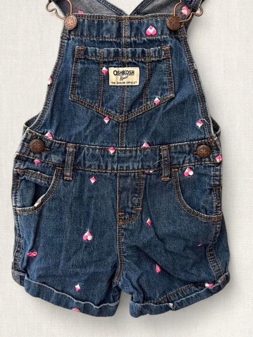 OshKosh B'gosh Dark Blue Denim with Pink Heart Embroidery Overalls